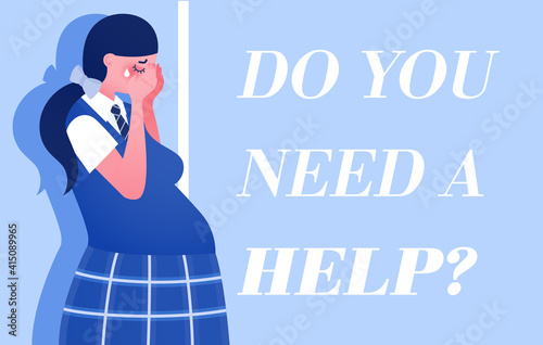 Vector template of poster about help pregnant teenagers. Horizontal banner with copy space and sad pregnant teen girl. Young women shelter, social help center or crisis center concept photo