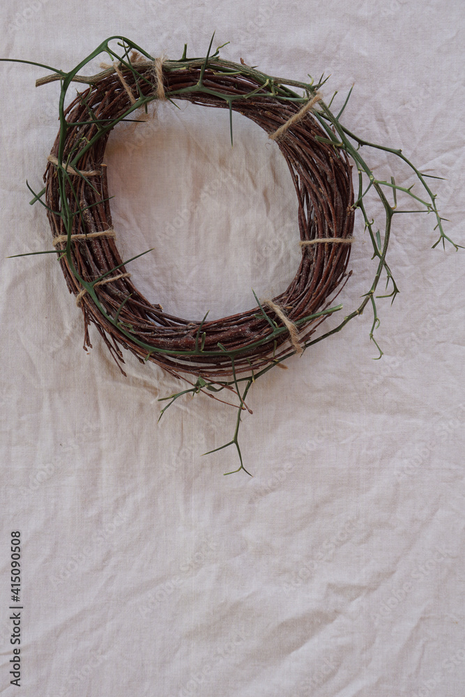 Fototapeta premium Easter consept with Crown of Thorns on white cloth