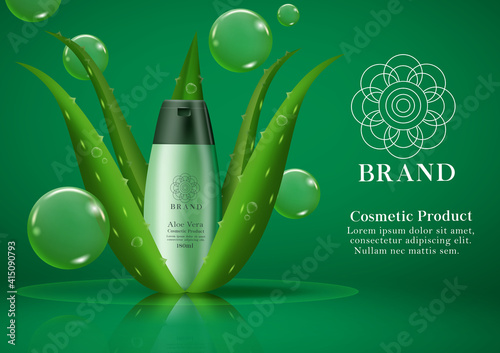 Cosmetic aloe vera product vector template design. Cosmetic shampoo product with aloe vera plant extract for hair shower mock up commercial advertisement. Vector illustration 