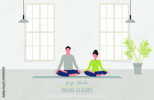 Online Yoga Classes, a man and a woman sitting in lotus pose. Banner for a yoga studio. Vector illustration. eps 10