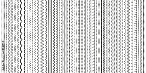 Embroidery stitches. Sewing seams. Vector. Set of machine thread sew brushes. Overlock fabric elements. Seamless pattern. Outline border isolated on white background. Simple graphic illustration.