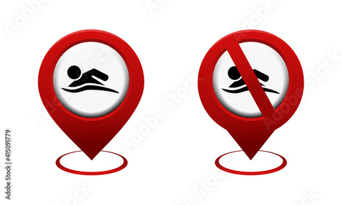 Set of map pointer with swimming icon. Red map pin. Swimming location. No swimming allowed sign.  Illustration vector