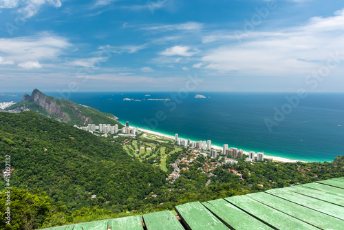 Beautiful scenery from above of free flight ramp overlooking the São Conrado beach, emerald sea and vegetation of Rio de Janeiro.