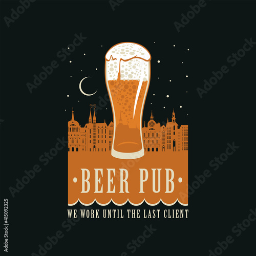 Beer banner in retro style with inscription Beer pub. Decorative vector illustration with an overflowing glass of frothy beer on the background of night landscape of an old town
