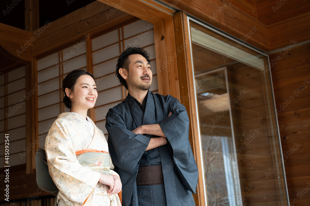 A beautiful young Japanese couple visiting a hot spring resort that is easy to use for travel material. A beautiful young Japanese couple visiting a hot spring resort that is easy to use for travel material.