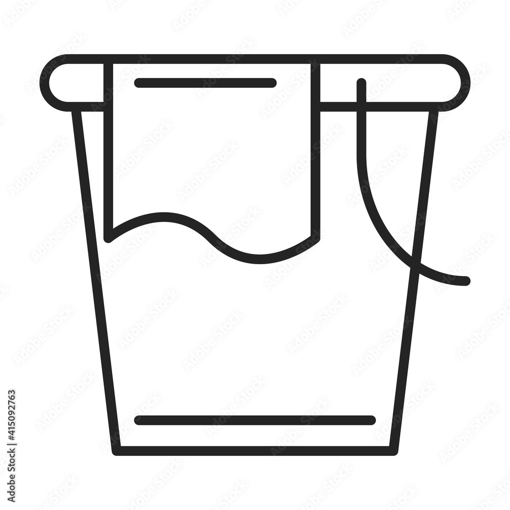 Bucket line icon. Vector isolated symbol of washing equipment. Container for water, rag in the bucket. Outlined pictogram. Bucket line icon. Vector isolated symbol of washing equipment. Container for water, rag in the bucket. Outlined pictogram.