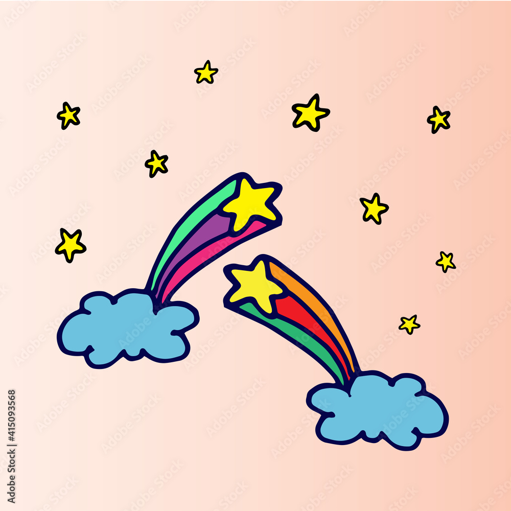 cloud and rainbow with yellow stars on pink background. fantasy dream for kids. hand drawn vector. funny background. doodle art for wallpaper, cover, poster, banner, clipart, sticker, wall decoration.