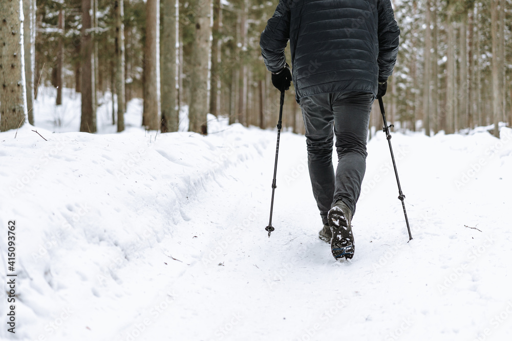 Nordic walking in winter forest. Active an elderly man outdoors. Local trip in quarantine..Healthy lifestyle concept..