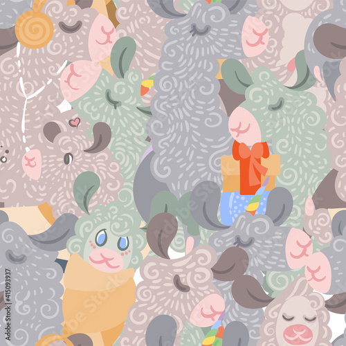 Seamless pattern with cute  curly llamas and alpacas. Illustration for children and adults prints