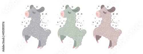 Collection of cute curly llamas in different colors. Illustration for coloring pages, children prints and publications