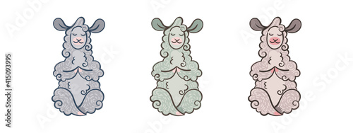 Set of cute curly llamas meditates in the lotus position. Vector illustration with border in different colors for coloring pages, children and adult prints, baby shower, yoga, health, mind development