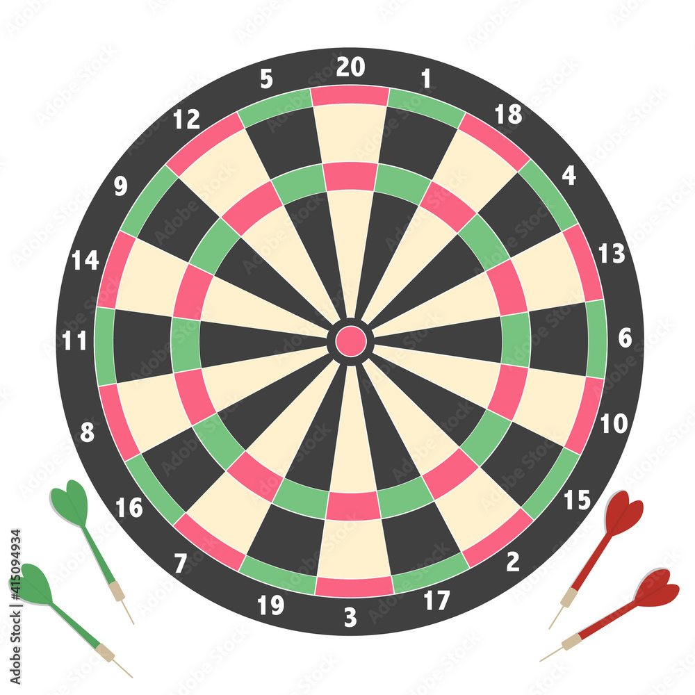 Classic dart board target and darts arrow isolated on white background, board game, Vector Illustration