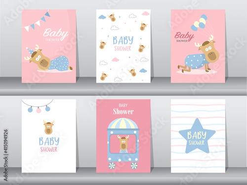 Set of baby shower invitation cards, poster, template, greeting, cute, animal,Vector illustrations