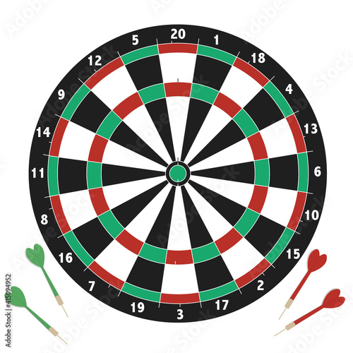 Classic dart board target and darts arrow isolated on white background, board game, Vector Illustration