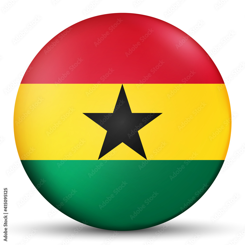 Glass light ball with flag of Ghana. Round sphere, template icon. Ghanaian national symbol. Glossy realistic ball, 3D abstract vector illustration highlighted on a white background. Big bubble. Glass light ball with flag of Ghana. Round sphere, template icon. Ghanaian national symbol. Glossy realistic ball, 3D abstract vector illustration highlighted on a white background. Big bubble.