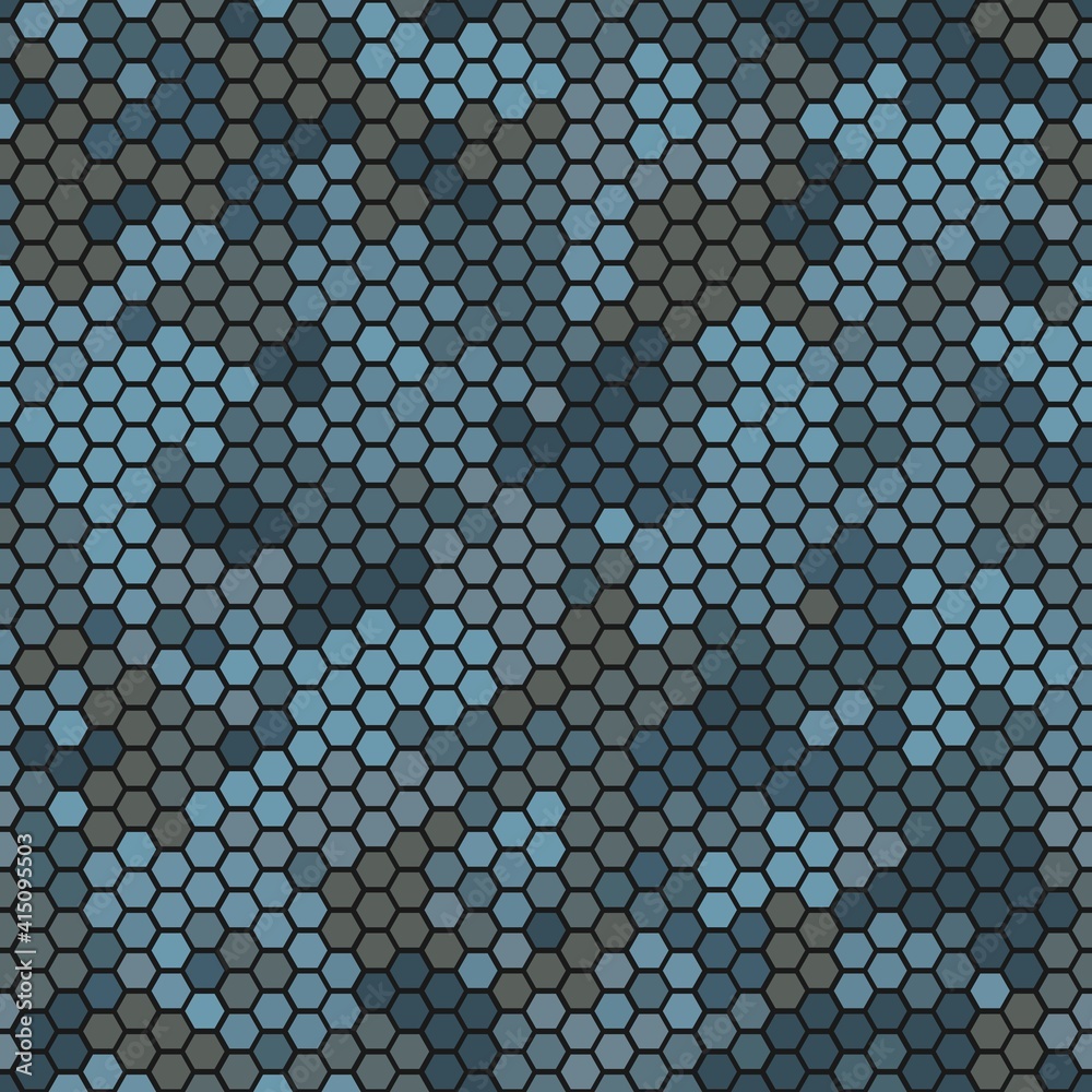 Camouflage seamless pattern with blue hexagonal geometric camo ornament Camouflage seamless pattern with blue hexagonal geometric camo ornament