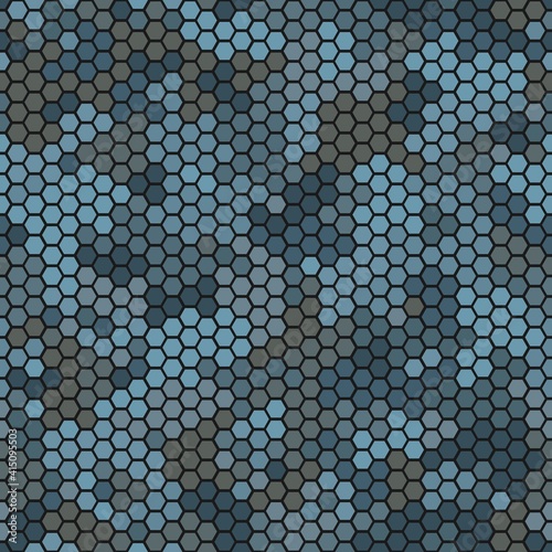Camouflage seamless pattern with blue hexagonal geometric camo ornament
