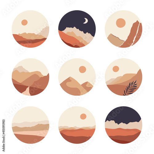 Abstract landscape illustrations set. Mountains, sun, moon, sunset, desert, hills minimalist design. Trendy mid century art, boho home decor, wall art.