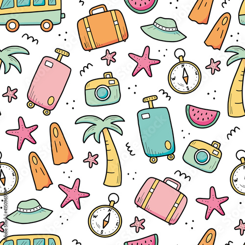 Hand drawn seamless pattern of travel summer vacation elements, luggage, map, suitcase, sea star. Doodle sketch style. Travel element drawn by digital pen. Illustration for wallpaper, background