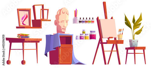 Artist studio art stuff canvas on easel, paint, brushes and colored pencils on wooden desk, plaster head, frames for pictures, potted plant isolated on white background Cartoon vector illustration set
