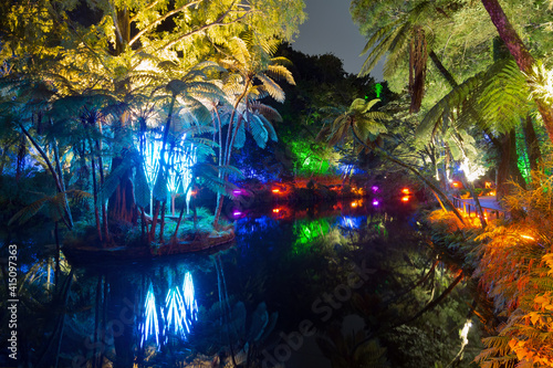 Pukekura Park, New Plymouth, New Zealand, beautifully lit up at night during the annual TSB Festival of Lights  photo