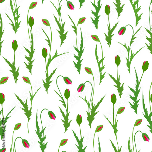 Vector seamless pattern :red and pink poppy buds with green leaves on white. Floral design for textile, wallpaper, wrapping paper, notebook cover, card in nice vintage style