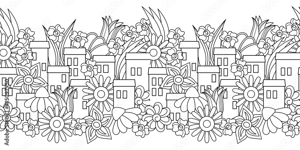 Vector seamless border. Summer urban landscape. Cartoon hand-drawn townhouses and flowers. Coloring book
