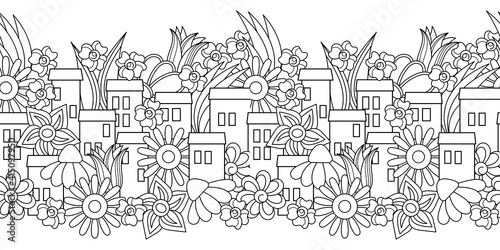 Vector seamless border. Summer urban landscape. Cartoon hand-drawn townhouses and flowers. Coloring book