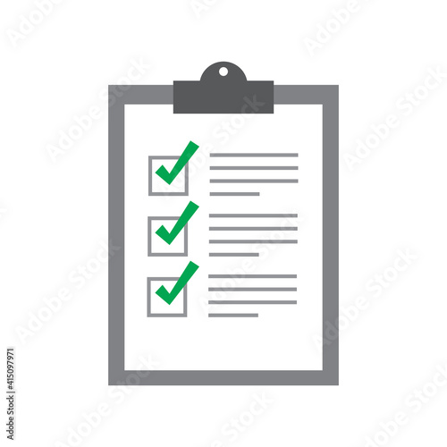 clipboard with green check mark sign in check boxes on white paper. checklist icon isolated on white background