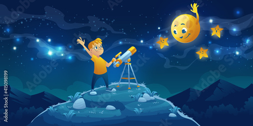 Child look in telescope, curious little boy waving hand to friendly moon and stars on dark night sky with milky way. Astronomy science, space observation hobby or studying, Cartoon vector illustration