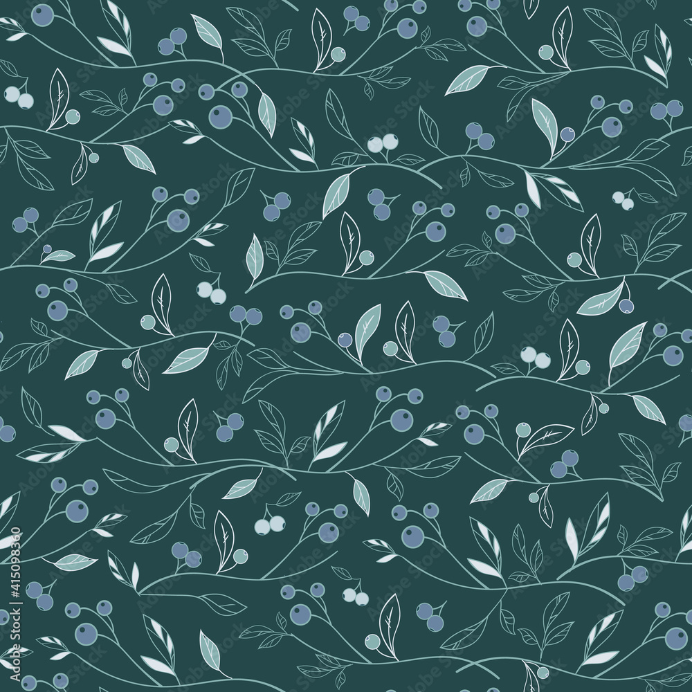 Vector dark green leafs and berries seamless background ornament texture. Vector dark green leafs and berries seamless background ornament texture.