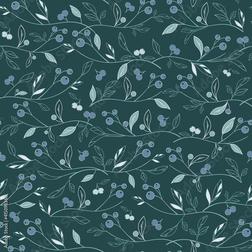 Vector dark green leafs and berries seamless background ornament texture.