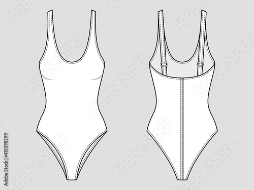 Basic one-piece swimsuit with a plunging neckline. Mockup template.