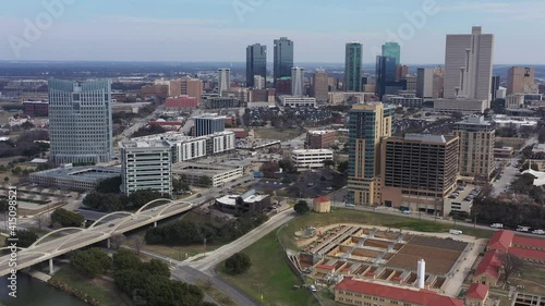 Drone Aerial View Downtown Tall Buildings and the Trinity River, Fort Worth, Texas, USA