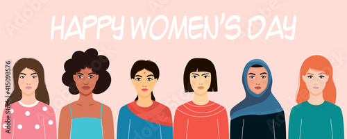 Women of different nationalities. International Women's Day. March 8. Feminism. Girls of Asian, European, African nationality. Modern flat style. For your design.