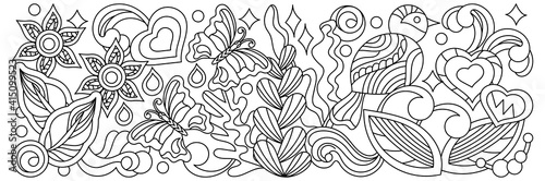 Coloring book for adults and children. Spring or summer border, butterfly, bird, plants