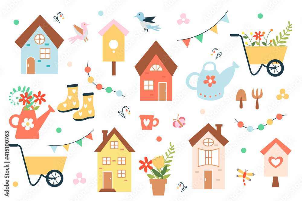 Cute spring set - house, birdhouse, watering can, birds, flowers, garden cart, boots and others. Great for design of invitations, cards, parties, scrapbooking, stickers. Vector illustration. 