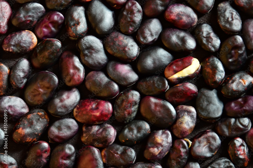 Obraz premium Ripe beans closeup background. One bean has a cracked skin