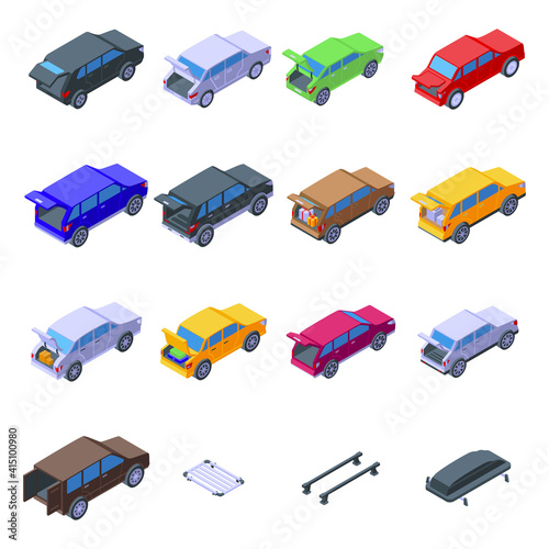 Trunk car icons set. Isometric set of trunk car vector icons for web design isolated on white background