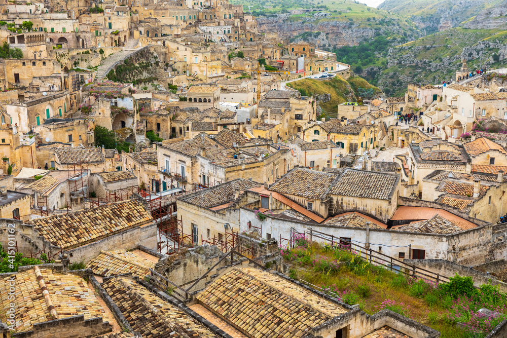 Italy, Basilicata, Province of Matera, Matera. Overview of old houses and rooftops.
