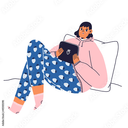 Cozy home style, girl with tablet, vector illustration