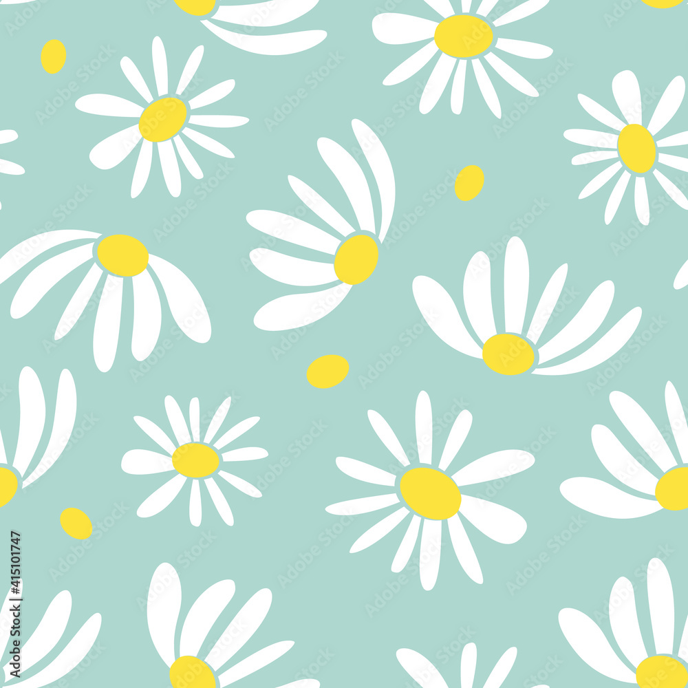 Obraz premium Color seamless pattern with a scattering of white daisies. Printing for textile and wallpaper decoration.
