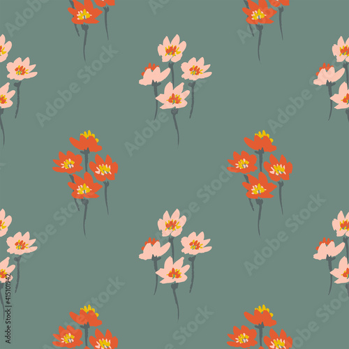 Bunch of tiny flowers forming a diamond shape in pink and orange over teal. Painted floral seamless vector pattern.  Great for home d  cor  fabric  wallpaper  gift-wrap  stationery  and design projects