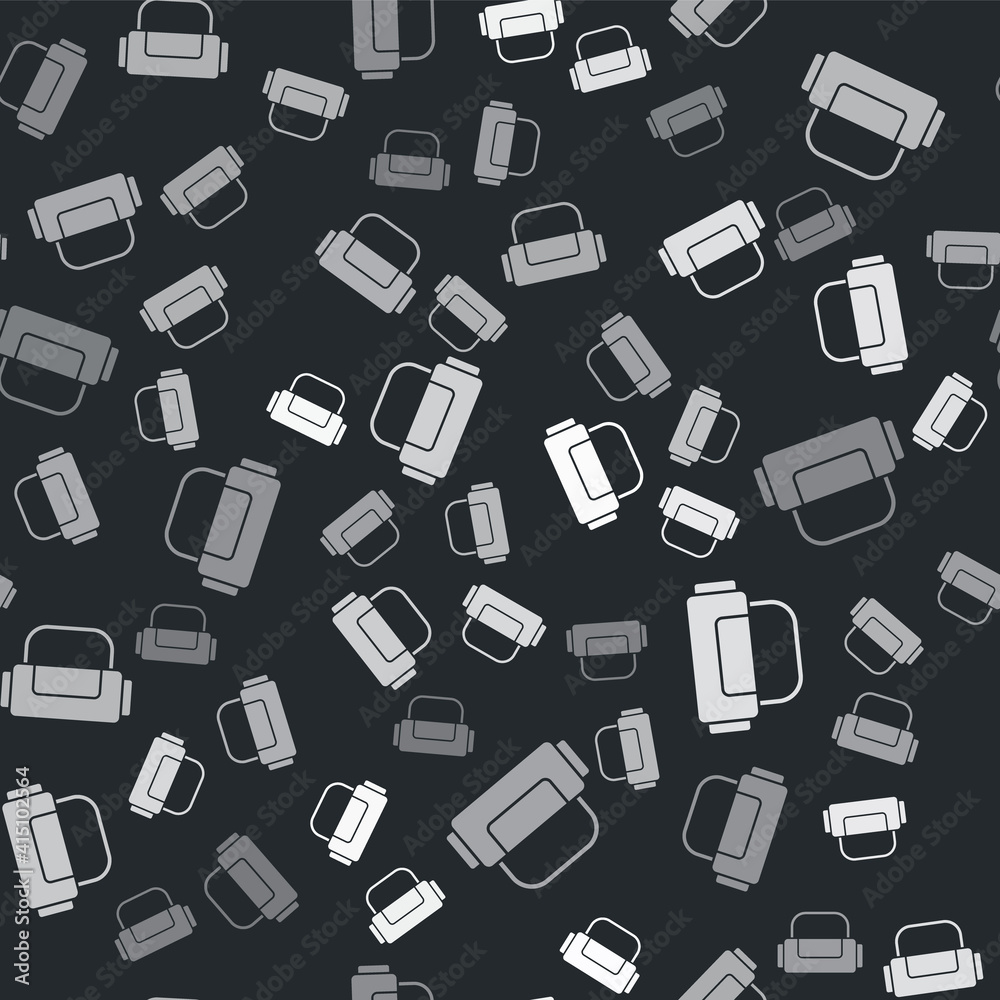 Grey Sport bag icon isolated seamless pattern on black background. Vector.