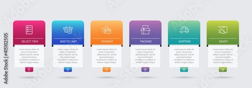 Concept of shopping process with 6 successive steps. Six colorful graphic elements. Timeline design for brochure, presentation, web site. Infographic design layout.