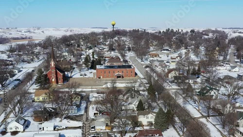 Small Town in the Midwest in Winter, Drone Aerial View, Neola, Iowa, USA photo