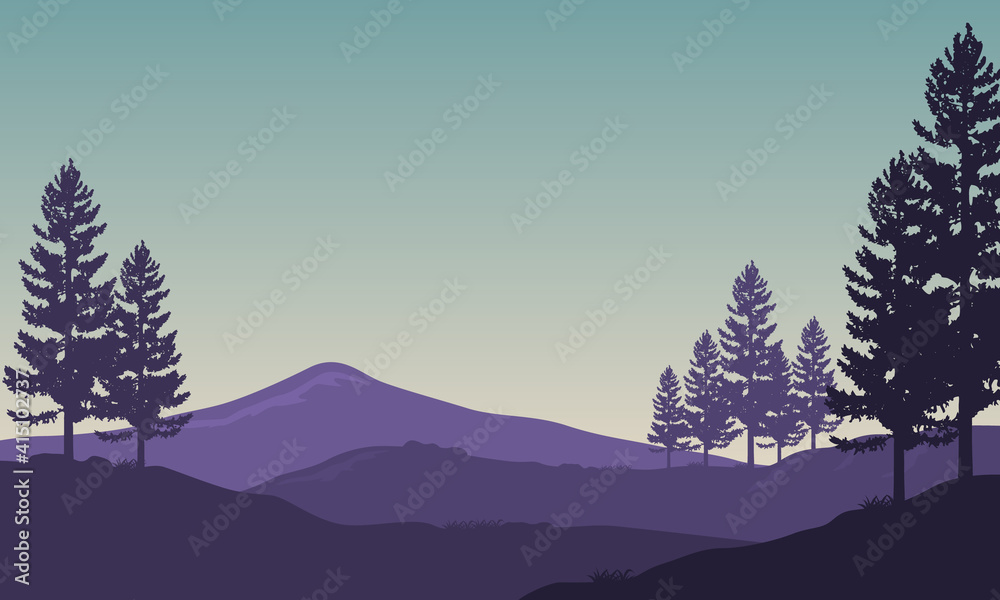 Mountain view under a clear sky with a shade of cypress trees. Vector illustration