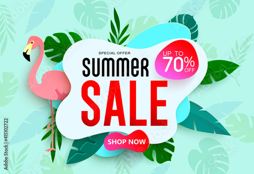 Summer sale vector banner template design. Summer sale up to 70% off  text advertisement promotion with flamingo and plant leaves elements for tropical season promo discount. Vector illustration

