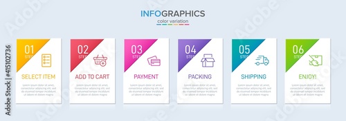Concept of shopping process with 6 successive steps. Six colorful graphic elements. Timeline design for brochure, presentation, web site. Infographic design layout.