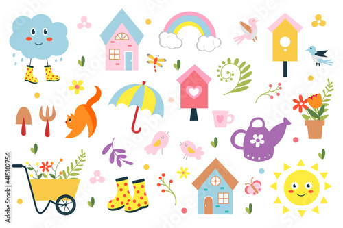 Spring set - scraper, house, birds, sun, rainbow, cloud, flowers, boots and others. Great for web page design, baby stickers, poster, greeting cards. Vector flat style illustration.
